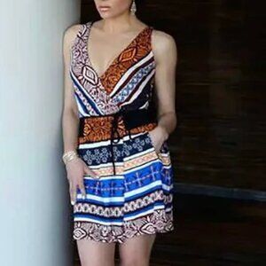 DIANE VON FURSTENBERG Oblixe Wrap Dress Boho Aztec Blue Burgundy Red 100% SILK